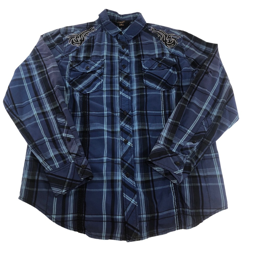 Chalc Men's Blue Plaid Long‎ Sleeve Embroidered Western Tribal Shirt Size M